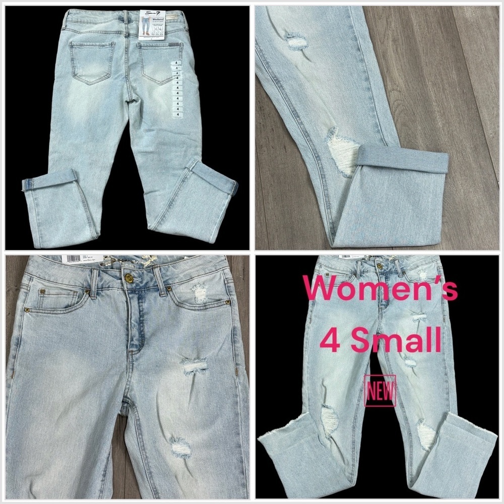 Women's Seven7 4 Small Jean Crop Destroyed Jeans Blue Stretch Rolled Hem NWT